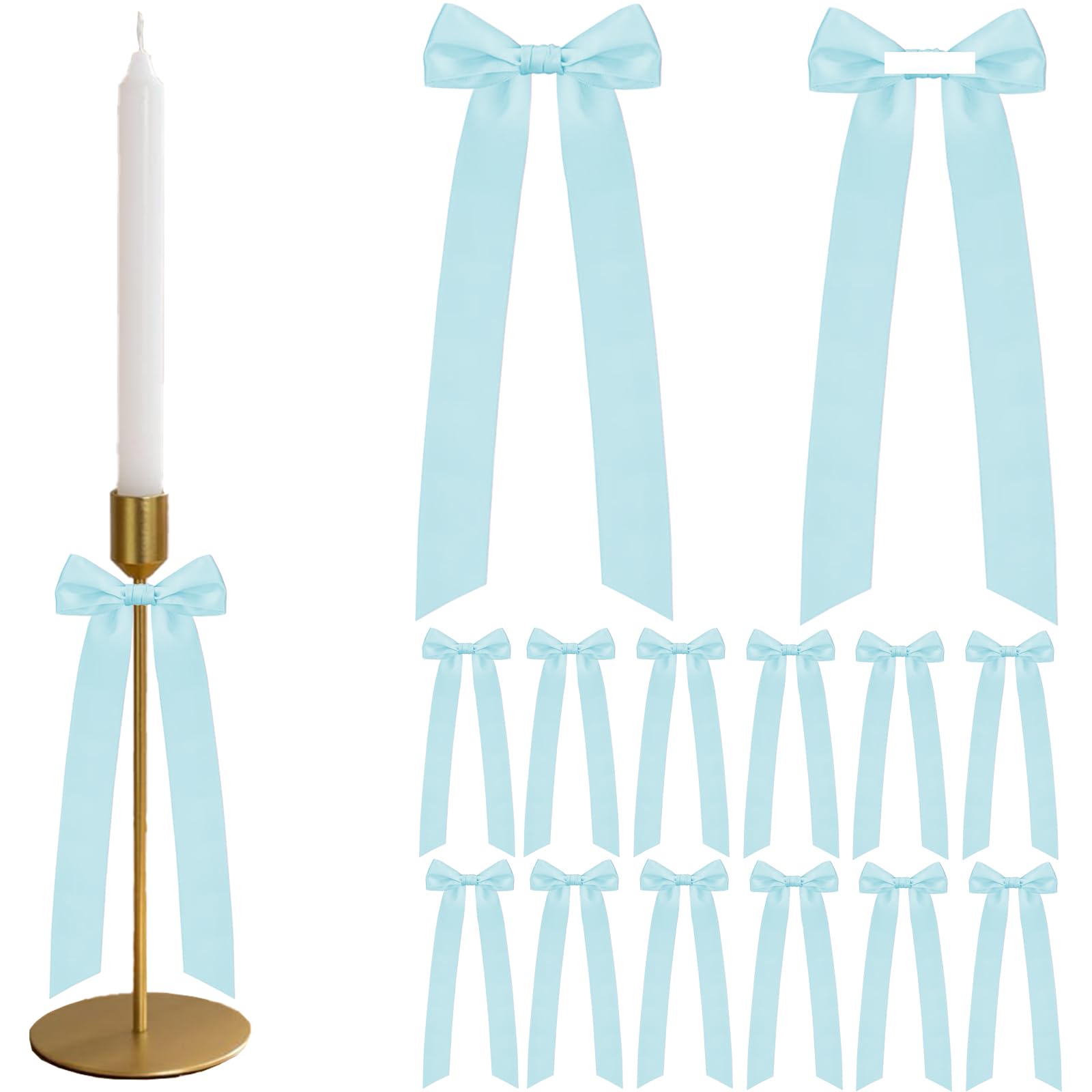 Photo 1 of 12 Pcs Baby Shower Self Adhesive Bows for Candlestick Decoration, Blue Satin Ribbon Bow Wedding Bridal Shower Gift Wrapping Bows for Candle Holder Wine Glasses Decorations - 3.5" W x 13" L