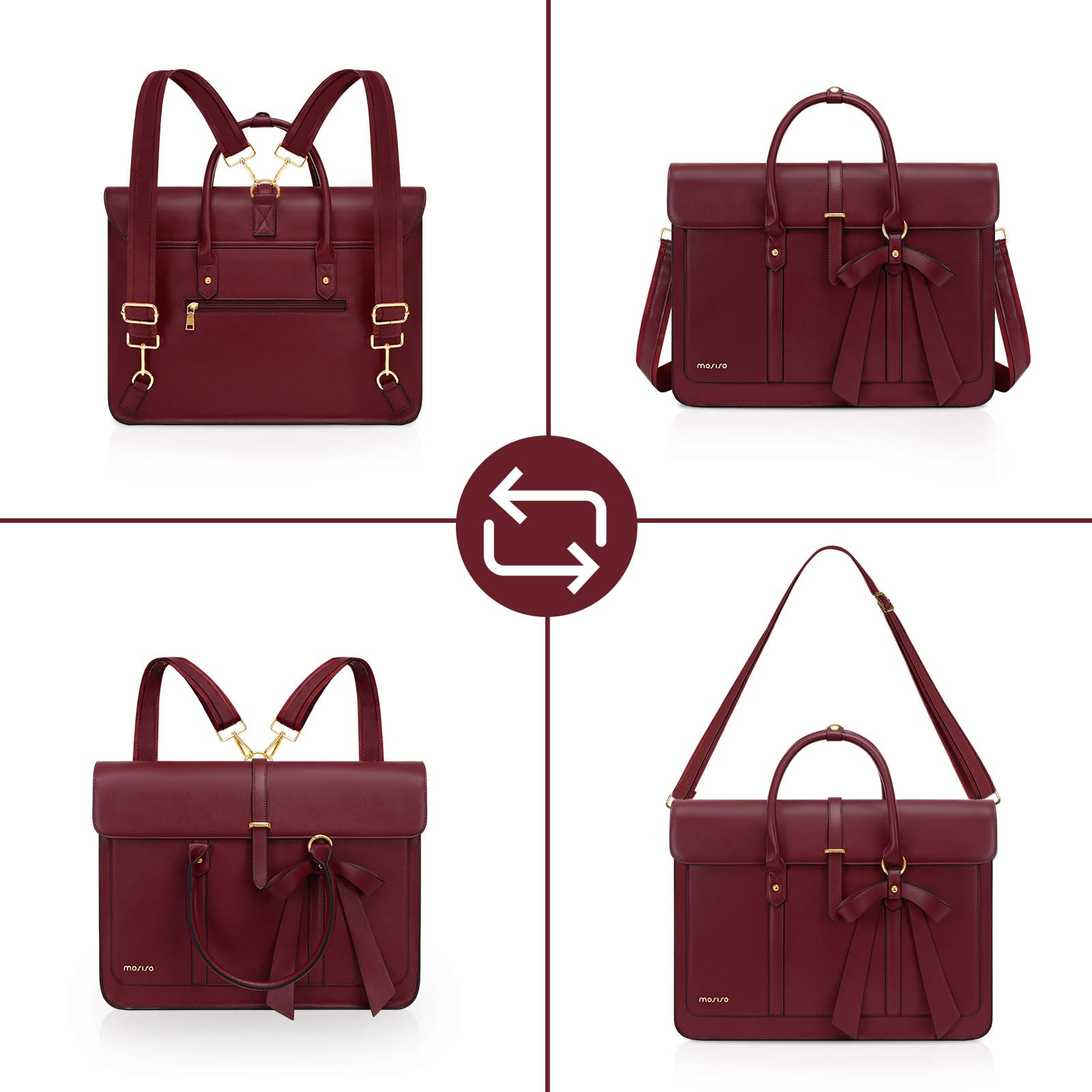 MOSISO Laptop Bag for Women, 15-15.6 inch PU Leather Laptop Shoulder Bags Convertible Backpack, 16 inch Messenger Bags Casual Handbag Work Briefcase Travel Computer Bag with Bowknot, Black: Wine Red 14 inch