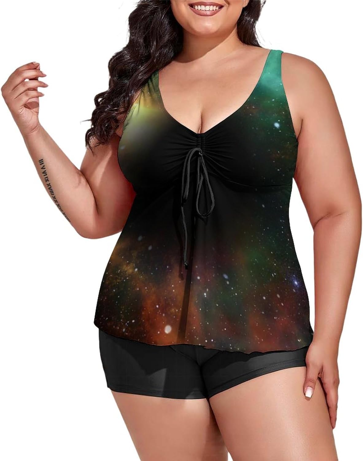 Womens Plus Size Tankini Swimsuits with Shorts Pink Galaxy Universe Nebula 2 Piece Bathing Suits Swimwear Tummy Control