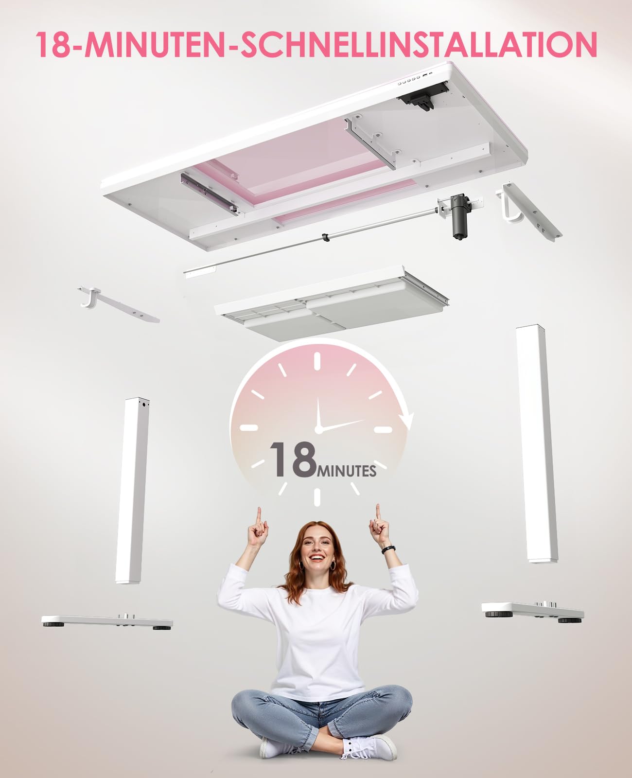OffiGo Glas Höhenverstellbarer Schreibtisch, 140 x 60 cm Elektrischer Schreibtisch mit Schublade, Ganze Tischplatte mit USB und Type-C, Standing Desk, Steh-Sitz Glastisch für Home Office Büro, Rosa