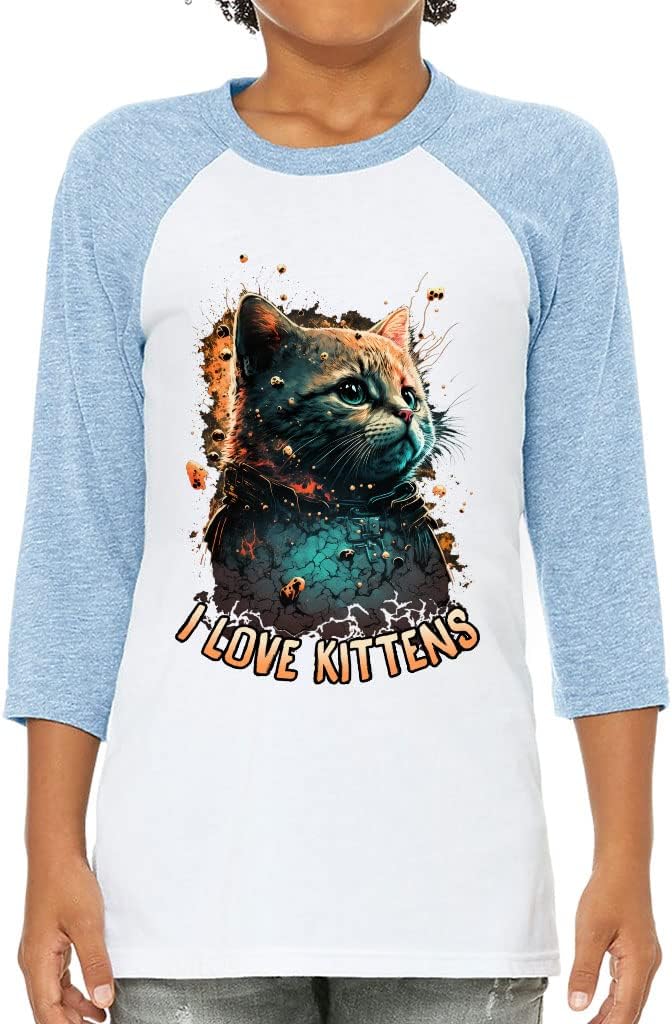 I Love Kittens Kids' Baseball T-Shirt - Cat Art 3/4 Sleeve T-Shirt - Unique Baseball Tee