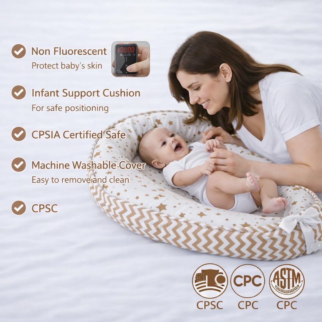 Aila + Aiden Baby Lounger | Organic Cotton Infant Lounger | Reversible, Adjustable & Portable Floor Lounger |Supervised Use | Soft, Breathable, Washable Cover - Star Collection (White/Tan)