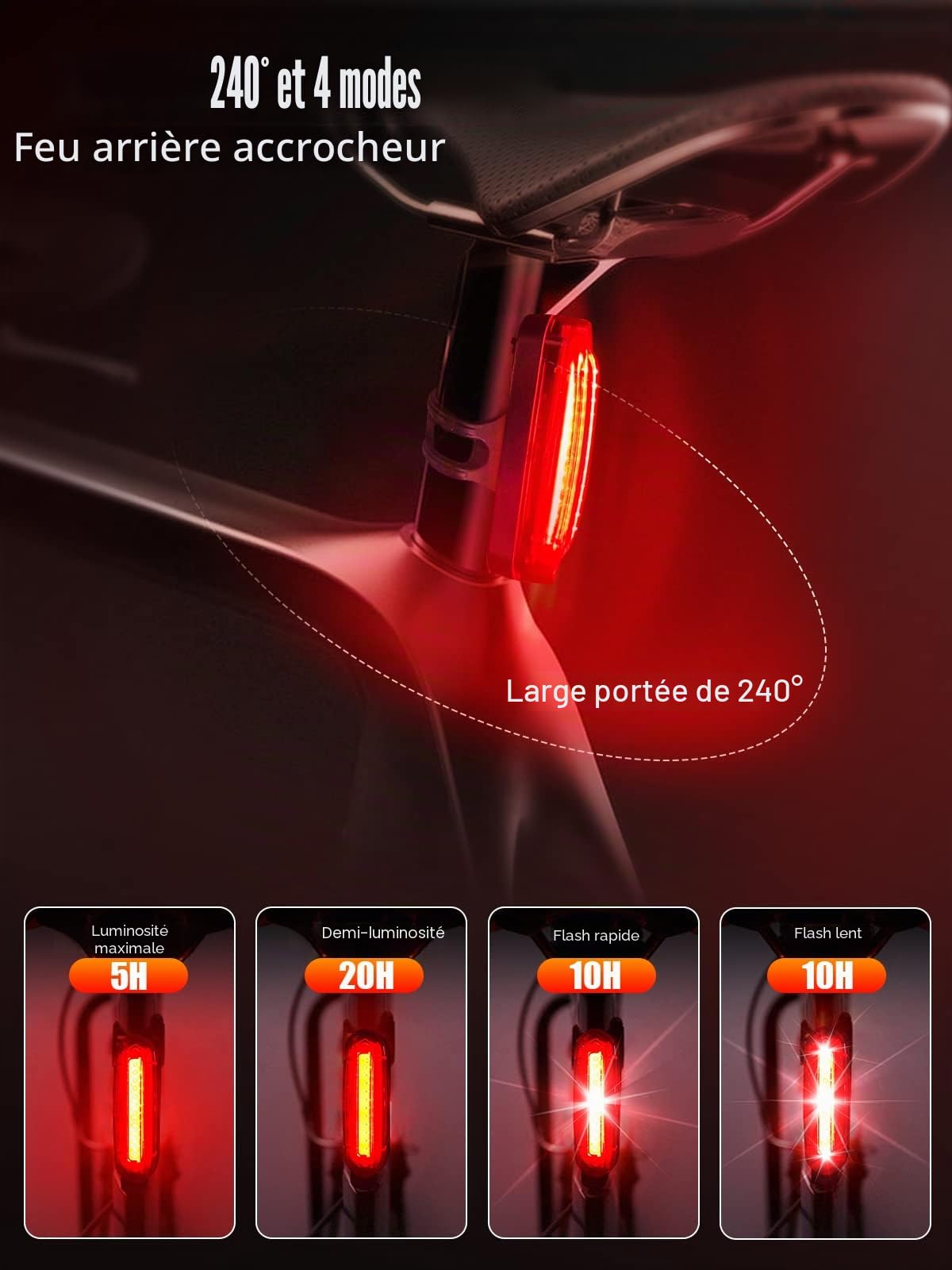 Lumiere Velo Avant et Arriere, Ensemble Éclairage Vélo LED Puissant 5 Modes Lampe Vélo Rechargeable USB Étanche IPX5