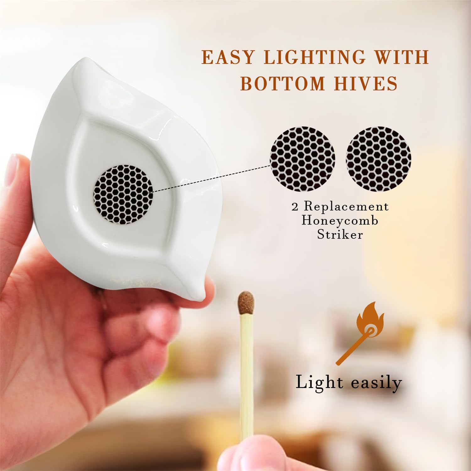 Ceramic Match Holder With Striker - Decorative Matches Holder for Matches - Ldeal for Fireplace, Home Decor, Camping (A)