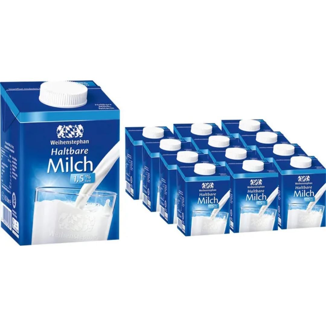 Weihenstephan Milch fettarme H-Milch 1,5% Fett, je 0,5 Liter, 60 Stück mit Pufai Grocery