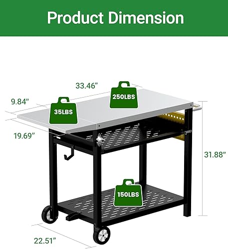 Miniatura 8 de Carrito de parrilla al aire libre con tablero de clavijas, mesa de horno de pizza de 3 estantes con cajón, carrito de comedor de cocina de acero