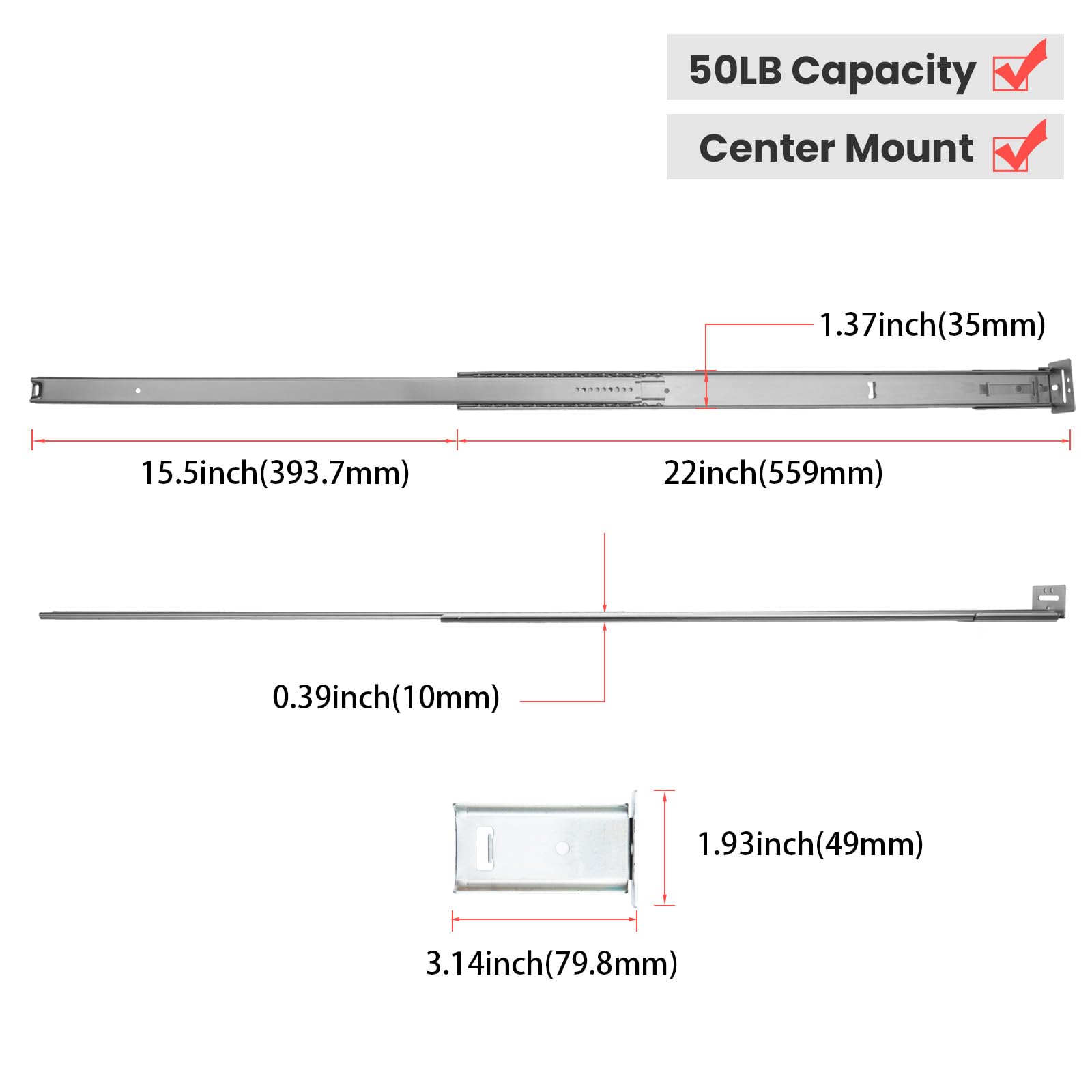 homdiy 5 Pcs Bottom Mount Centered Drawer Slides for Cabinet & Dresser Drawers 22 Inch Heavy Duty Center Mount Drawer Slides Full Extension Glide Track