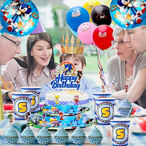 Blue Hedgehog Happy Birthday Cake Topper, Cake Decorations Cartoon Themed Inspired Cake Decor Go Theme Party Cake Decor Glitter Kids Boys Girls Birthday Party Supplies #TOP5