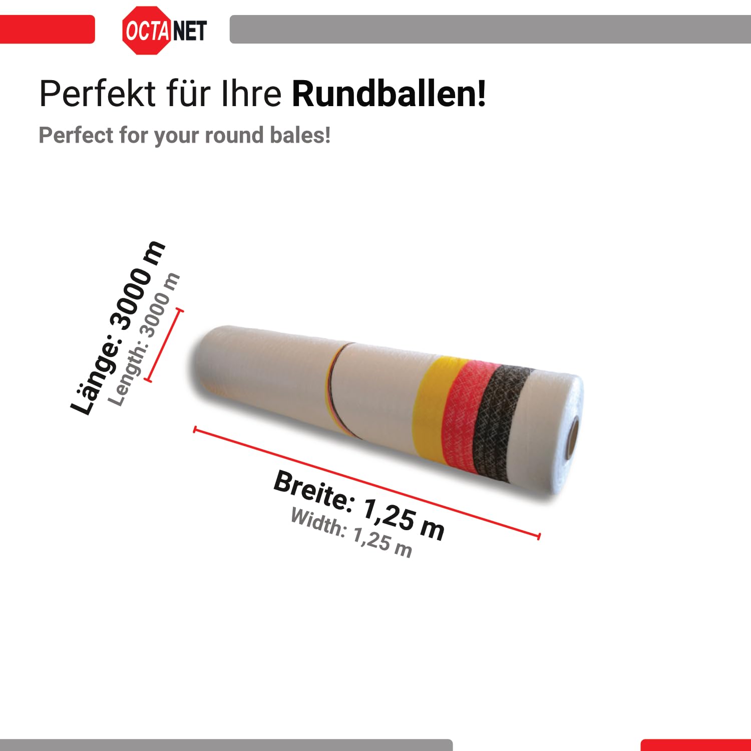 Germany Wickelnetz für Rundballen | 1,25 x 3000 m | UV-beständig und reißfest | Brennholznetz | Rundballennetz | Heunetz | Pressennetz | Fußball | Weltmeister