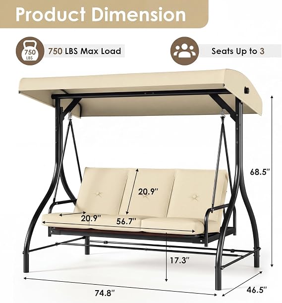MAMIZO 3-Seat Patio Swing with Adjustable Canopy & Backrest | Outdoor Porch Swing for Adults, Outside Porch Converting Bed Thickened Removable Cushions, 2mm Steel Pipe, for Garden, 750LBS