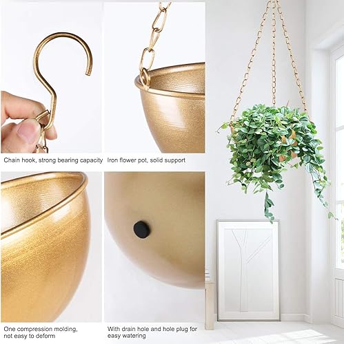 Miniatura 3 de Maceta colgante grande dorada con drenaje, soporte semicircular de 10 pulgadas para plantas de interior, lavabo ligero de doble techo para