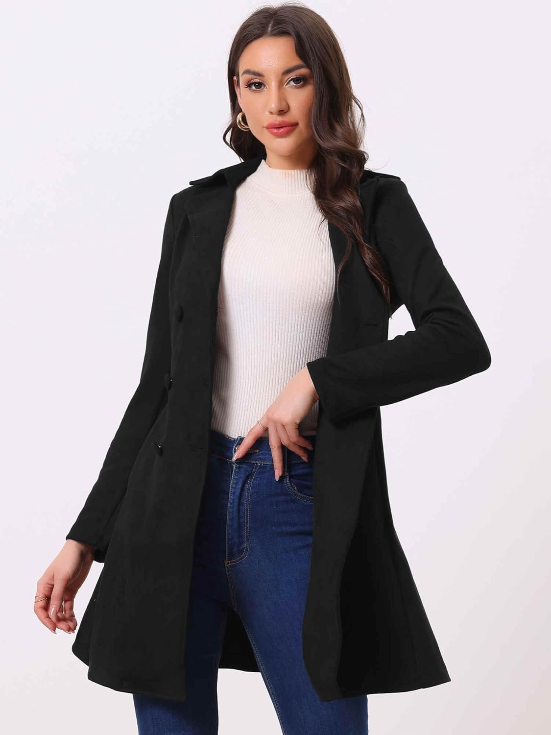 Allegra K Women's Faux Suede Jacket Double Breasted Notched Lapel Winter Long Trench Coat - Image 2