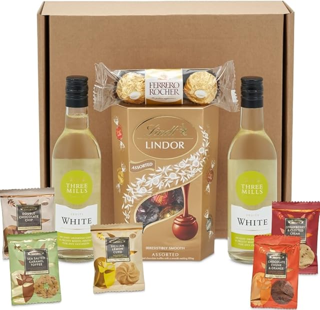 White Wine & Chocolate Hamper Gift Set- Ferrero Rocher , 5 Varieties Farmhouse Premium Mini Pack Biscuits & Lindt Lindor Assorted Truffles