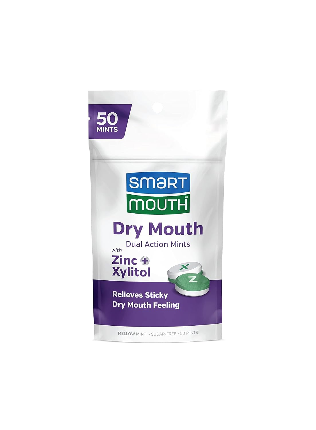 SmartMouth Dry Mouth Dual-Action Mints - Sugar-Free Breath Mints - 50 Count, 8 Pack, Mellow Mint