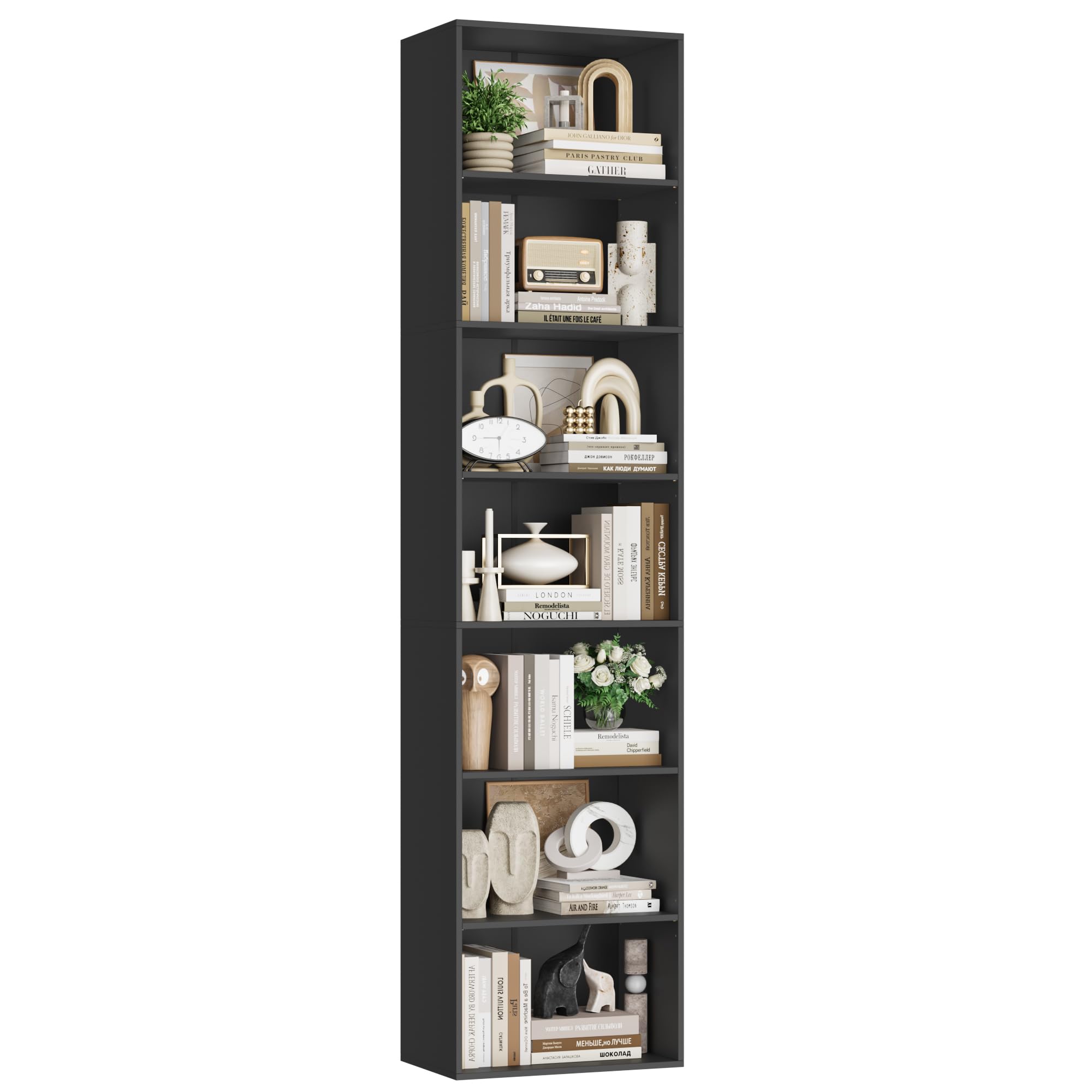 FirFurd 220cm Tall Bookcase 7 Tiers Slim Bookshelf Free Standing Wooden Book Shelf with Adjustable Shelves Cube Storage Shelving Unit for Living Room Home Office Black 48x30x220cm