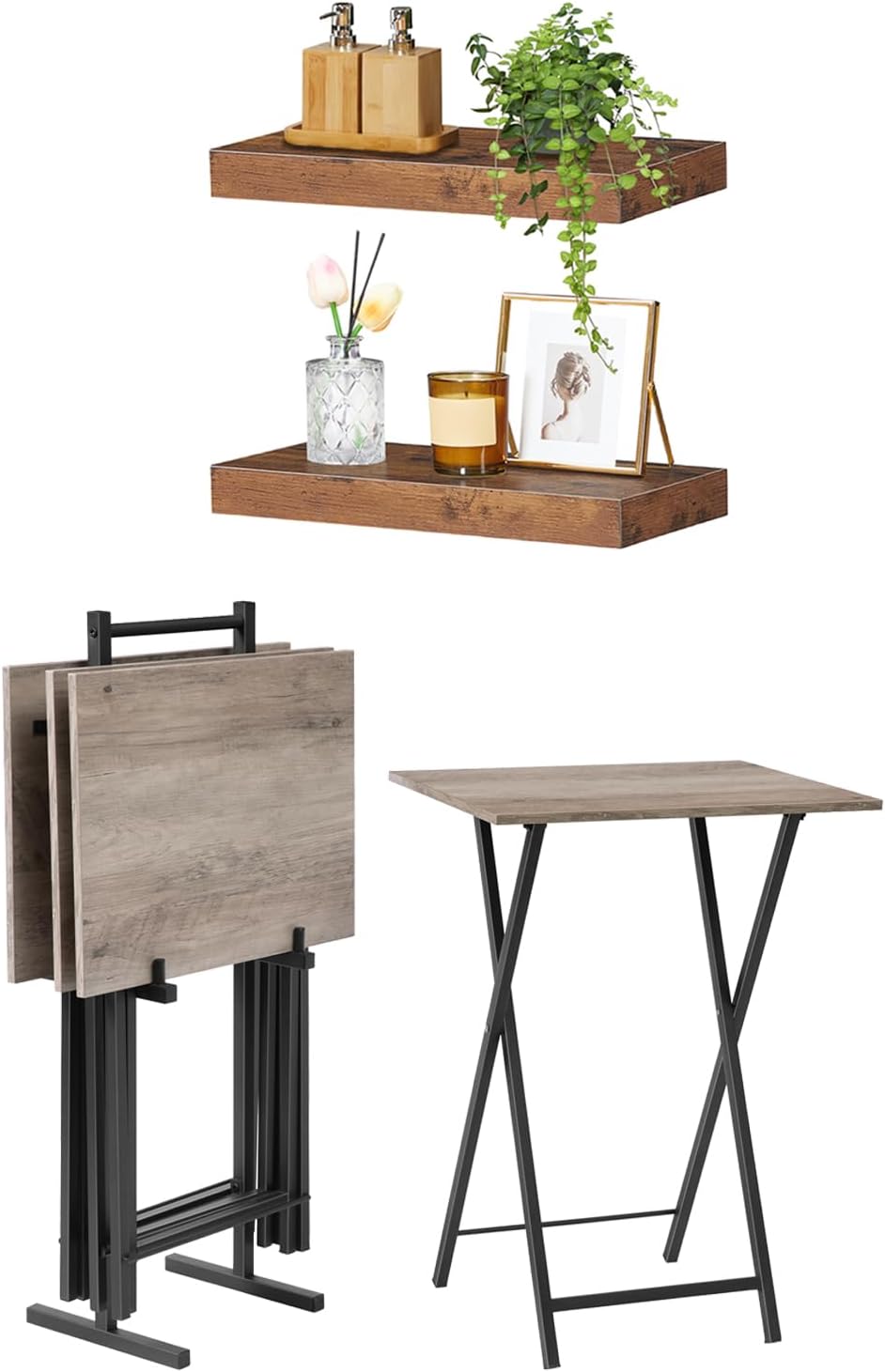 HOOBRO Folding TV Tray Tables and Floating Shelves, Set of 4 TV Trays with Storage Rack, 15.7 Inch Wall Shelf Set of 2, BG50BZ01-BF40BJ01