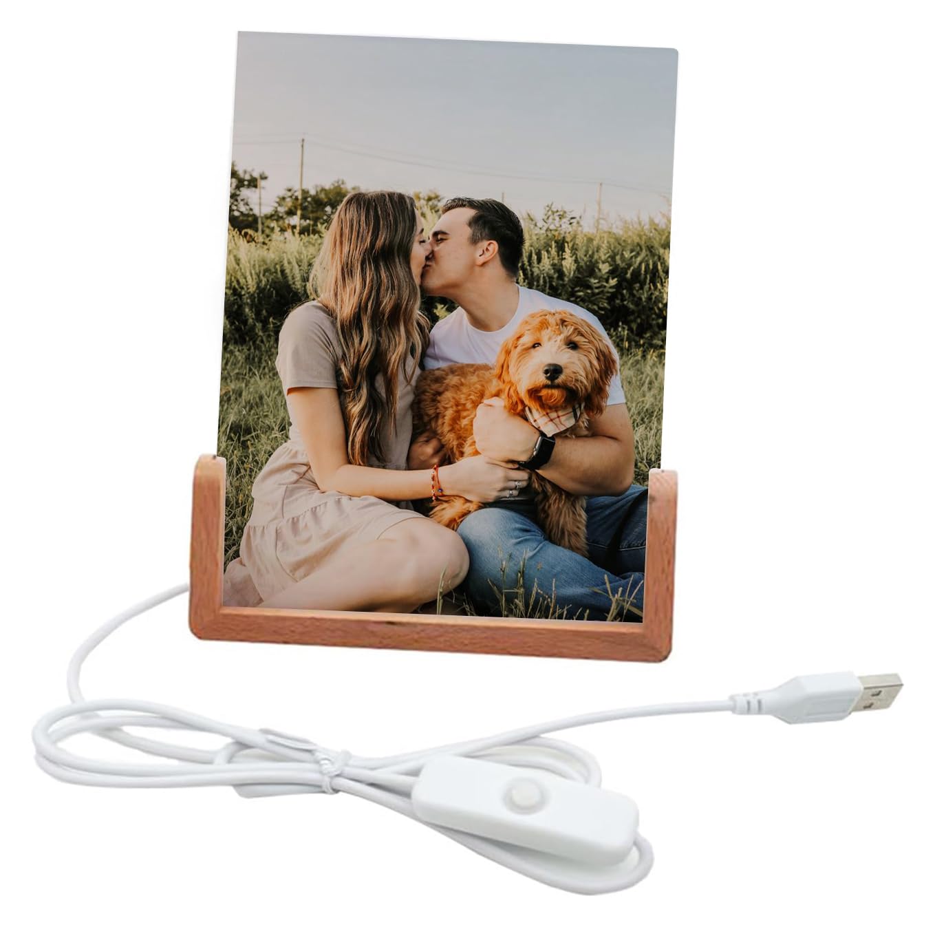 Personalised With Your Own Photo, Acrylic Photo Frame With LED Light And Wood Stand, Picture Frame, 3D Night Rechargeable LED Light Lamp. 6x4 in and 6x8 in. (White, 6x8 Vertical)