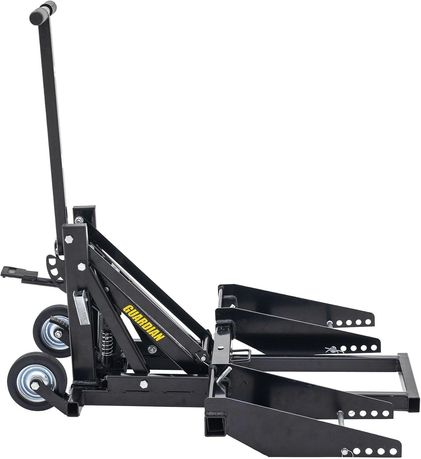 Side view of the Guardian Zero Turn Lawn Mower Lift Jack in its folded position, showing the main frame and wheel cradles.