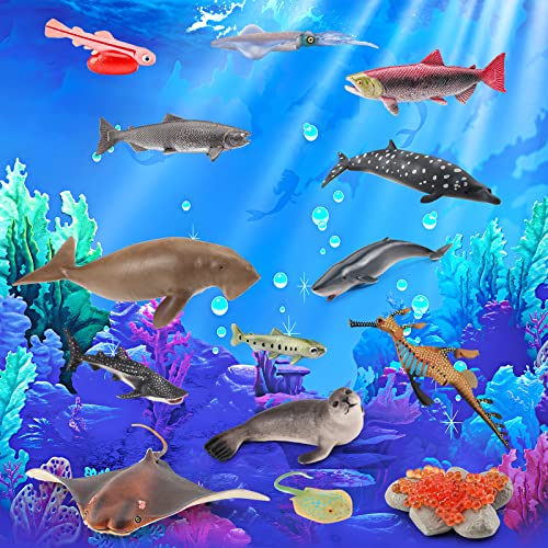 Bretoyin Jumbo Whale Toy Figure Set 14Pcs Sea Creatures Toys For Kids Cuttlefish Figurine Sperm Whale Toys Whale Shark Model Salmon Educational Toy Shark Toys Boy Birthday Gift #TOP2