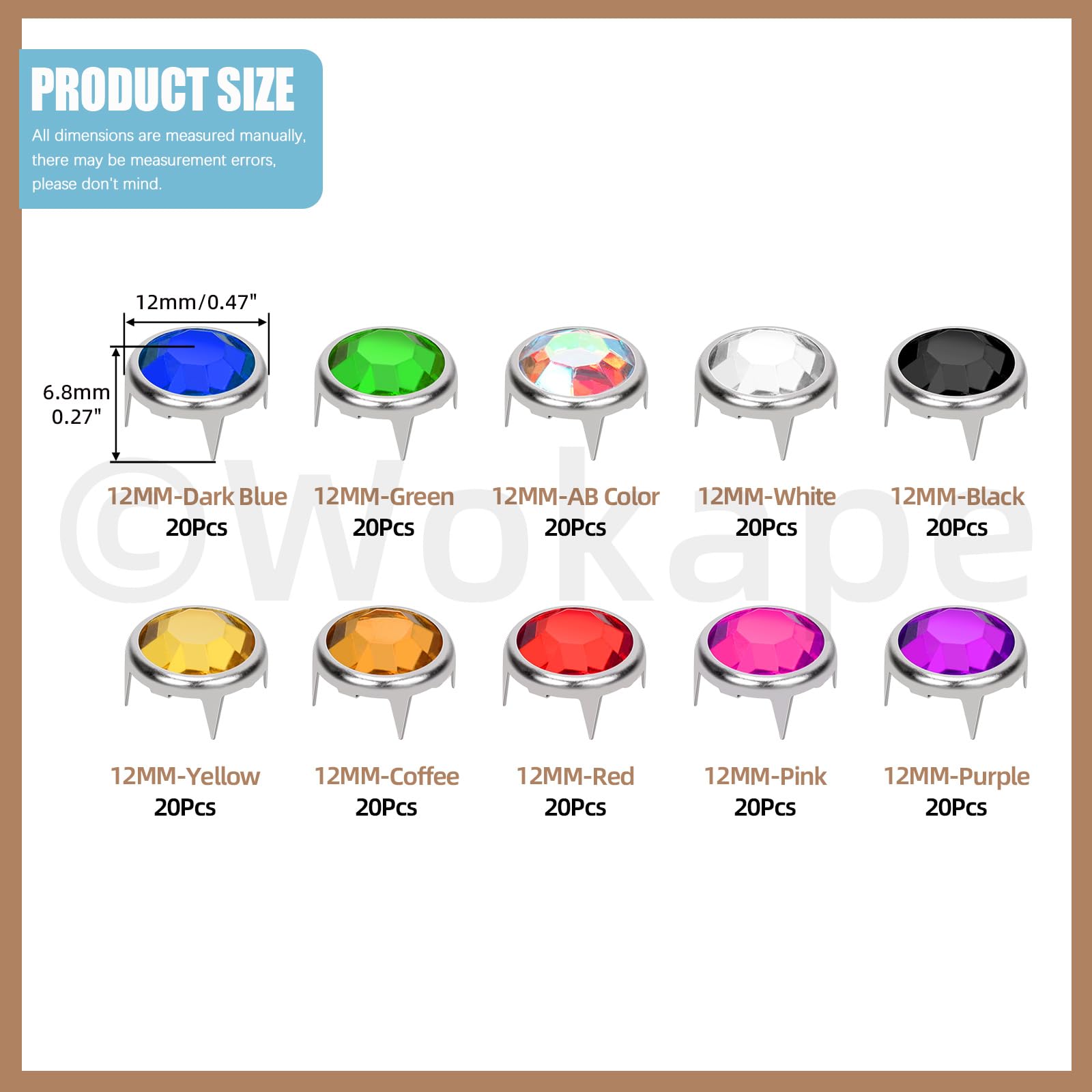 Set di 200 pezzi da 12 mm (0,47 pollici), 10 colori abbaglianti perline di cristallo artiglio 4 artigli rivetti punk, in rame, rivetti decorativi per fai da te in pelle artigianato vestiti