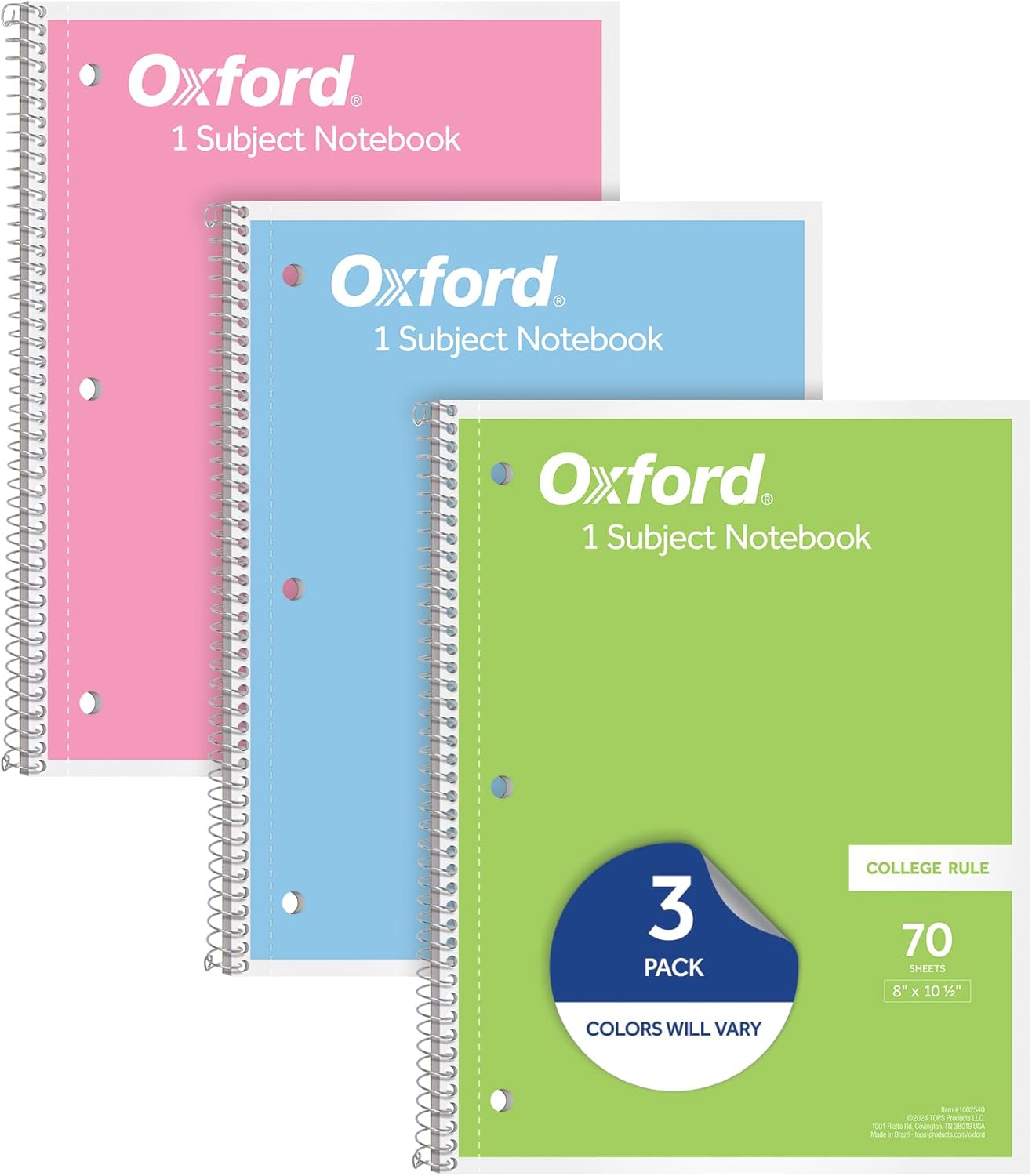 Oxford Spiral Notebooks, 1 Subject, College Ruled Notebooks for School, 8 x 10.5 Inches, 70 Sheets, Assorted Pastel Colors, Back to School Supplies (1002540) (Pack of 24)
