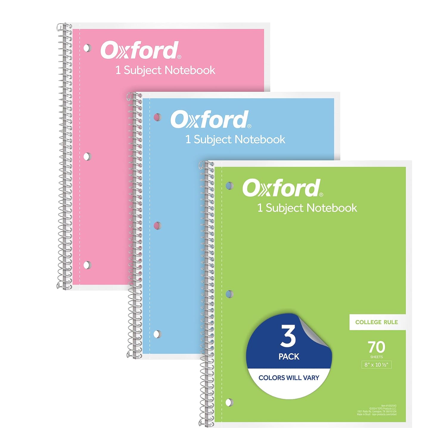 Oxford Spiral Notebooks, 3 Pack, 1 Subject, College Ruled Notebooks for School, 8 x 10.5 Inches, 70 Sheets, Assorted Pastel Colors, Back to School Supplies (1002540)