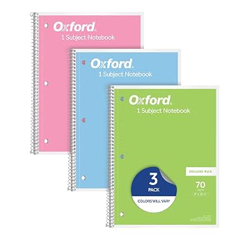 Oxford Spiral Notebooks, 3 Pack, 1 Subject, College Ruled Notebooks for School, 8 x 10.5 Inches, 70 Sheets, Assorted Pastel Colors, Back to School Supplies 1002540