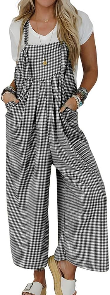 chouyatou Women's Sleeveless Plaid Wide Leg Bib Overall Casual Loose Gingham Jumpsuits with Pockets
