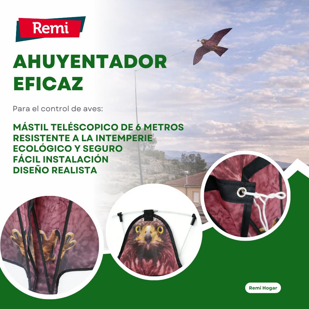 Remi Hogar Cometa Espantapájaros Halcón 6 m con Mástil Telescópico Ahuyentador de Aves y Palomas para Huertos, Jardines y Cultivos | Repelente Visual Ecológico Exterior
