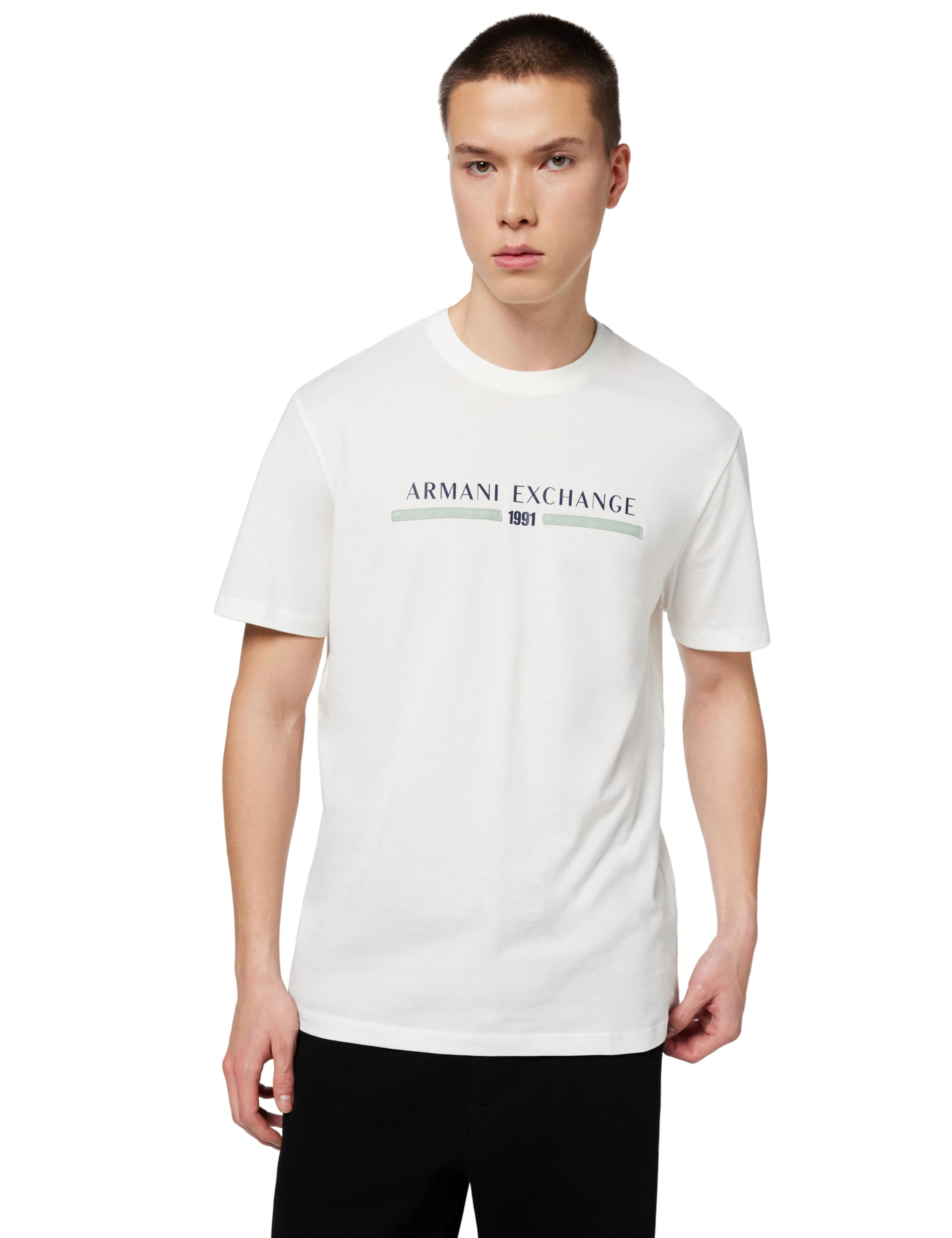 Armani Exchange Men's Short Sleeve Lettering Logo on Front T-Shirt Off White M, Off White, M