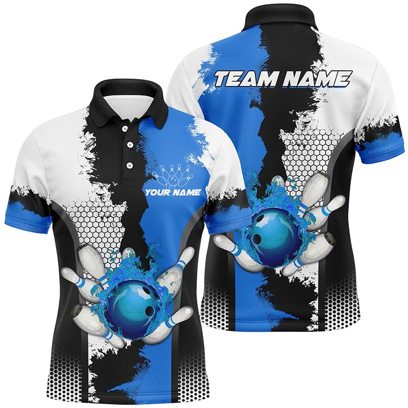 Schwarz-Weißes Bowling Liga Trikot mit Feuerdesign, Personalisiertes Herren & Damen Polo & Viertelreißverschluss Shirt, Geschenk für Bowlerinnen | Blau N7189