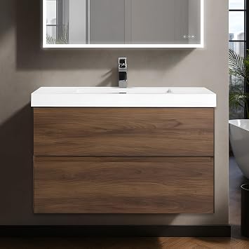 Blossom Assisi 36 Inch Wall Mounted Bathroom Vanity with Sink | Modern Design Wood Floating Vanity Cabinet | Soft-Close Drawers, Storage and Integrated Basin Brown Walnut, 36 w/Acrylic Sink