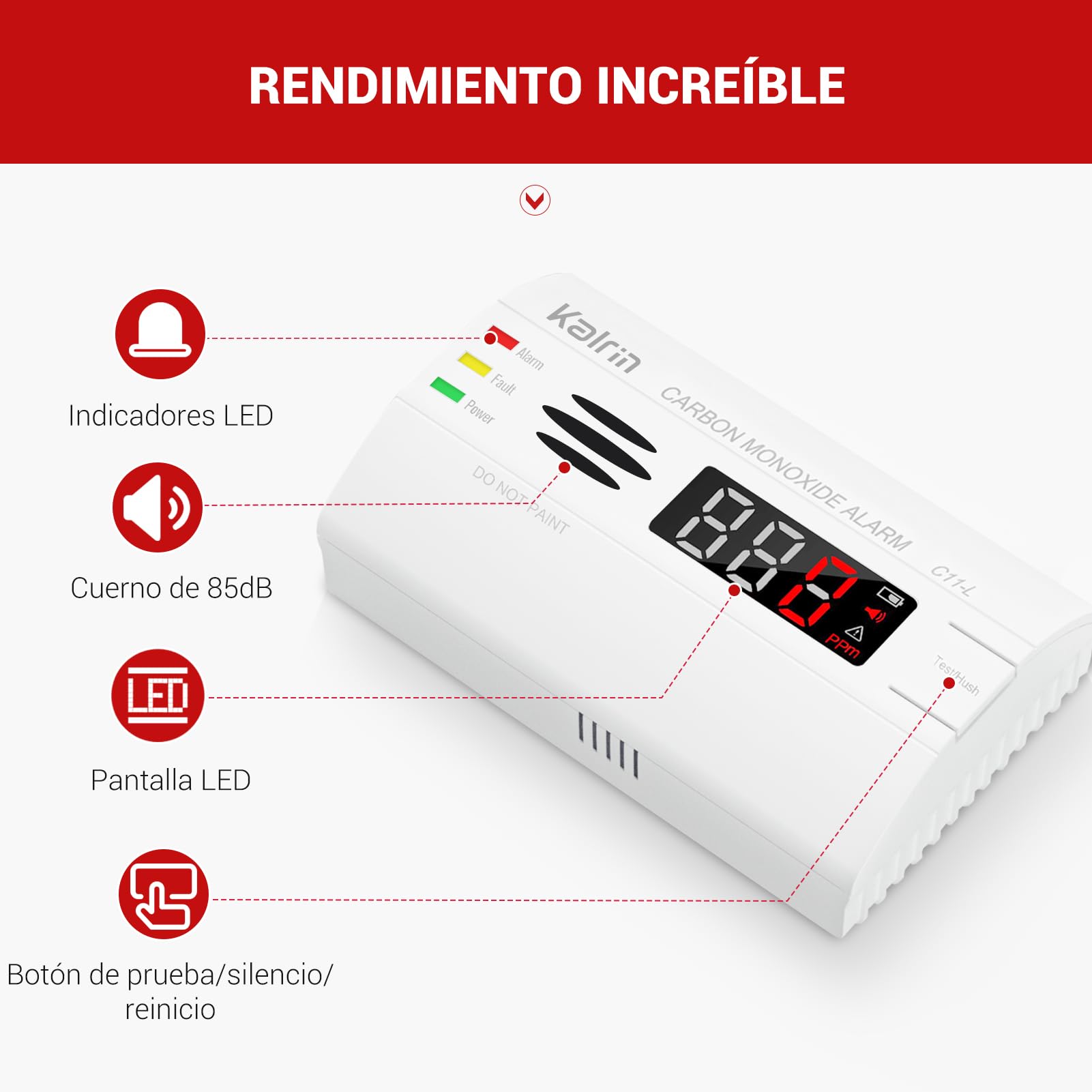 Kalrin Detector de monóxido de Carbono, Detector de CO con 10 años de duración del Sensor, Pantalla LED contra Incendios para Casas, Dormitorios y Hoteles, EN50291