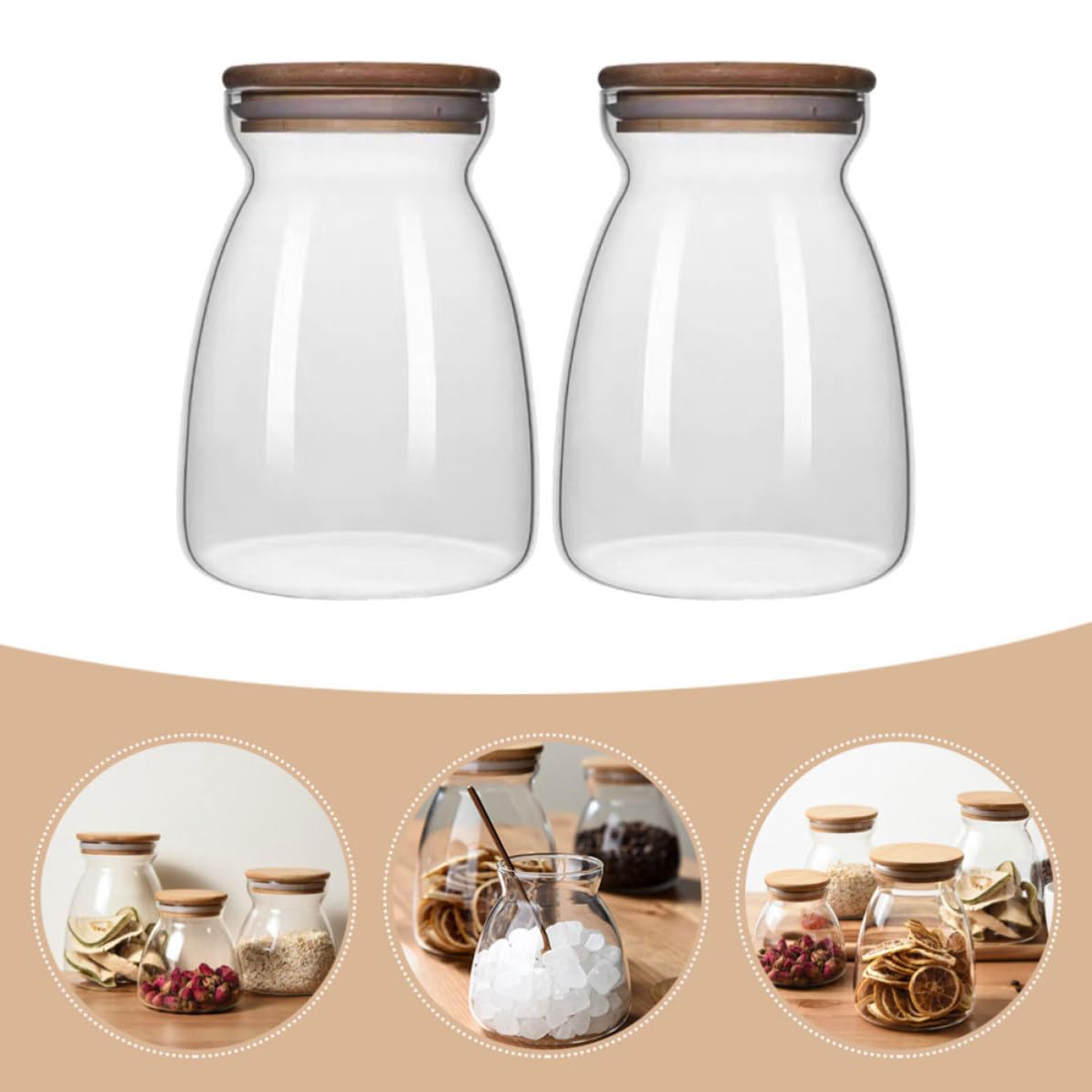Tarro de Almacenamiento de Vidrio Borosilicato para Alimentos Tapa de Silicona y Madera, Capacidad 1000ml, Pack de 2 para Conservar Snacks y Cereales en Escritorio