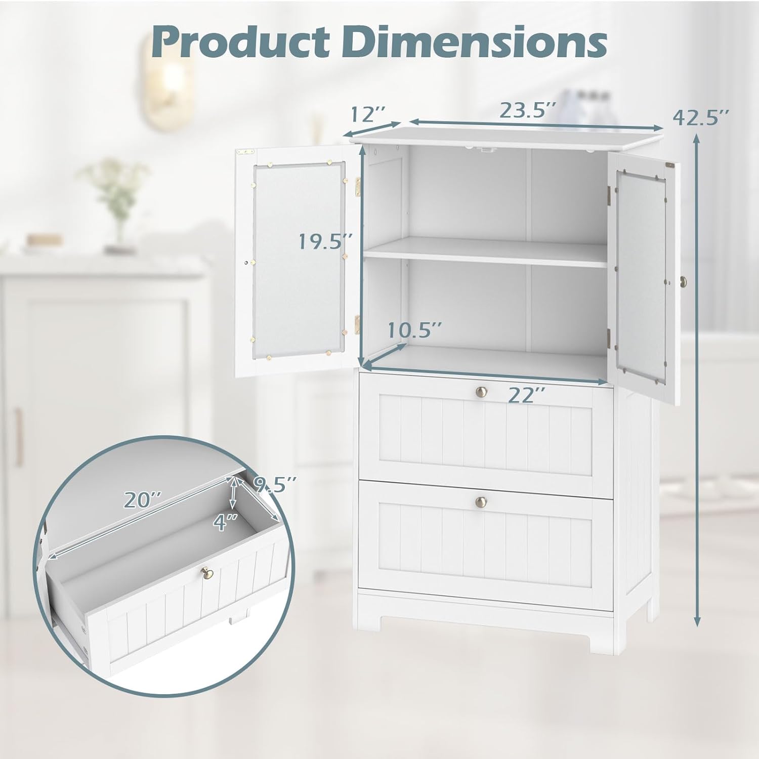 Giantex Bathroom Storage Cabinet w/2 Large Drawers, Tall Pantry Cabinet w/Adjustable Inner Shelf, Frosted Tempered Glass Doors, Freestanding Floor Cabinet for Living Room, Kitchen, Dining Room, White