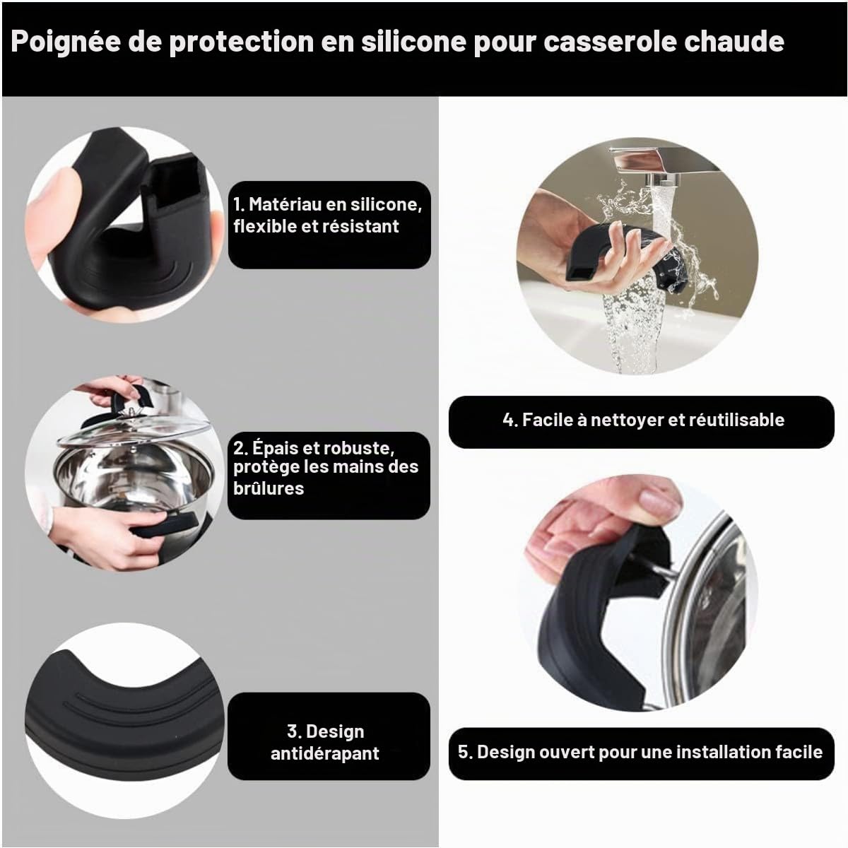 Poignée de Marmite en Silicone Résistant à la Chaleur - Lot de 2 Paires - Protège-Poignée Anti-dérapant et Isolant pour Casserole, Poêle, Wok, Plat Four et Ustensiles de Cuisson,Noir