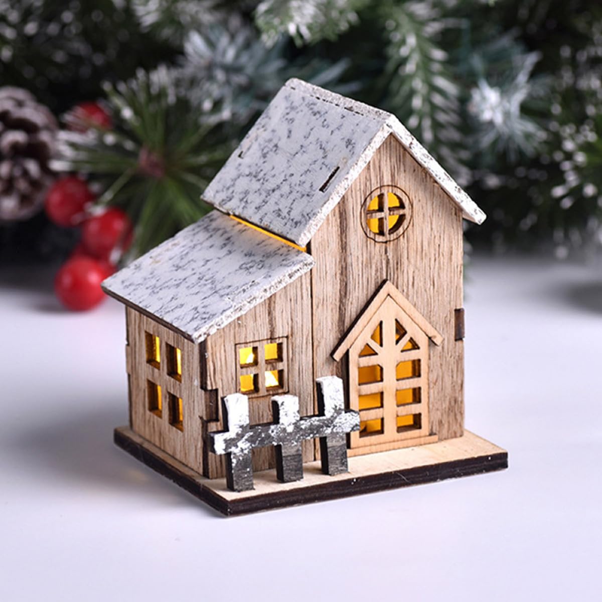 KOMBIUDA 3pezzi Case Natalizie in Legno Luminose Con Base Stabile Decorazioni Da Tavolo Per Festa Di Natale Atmosfera Festiva
