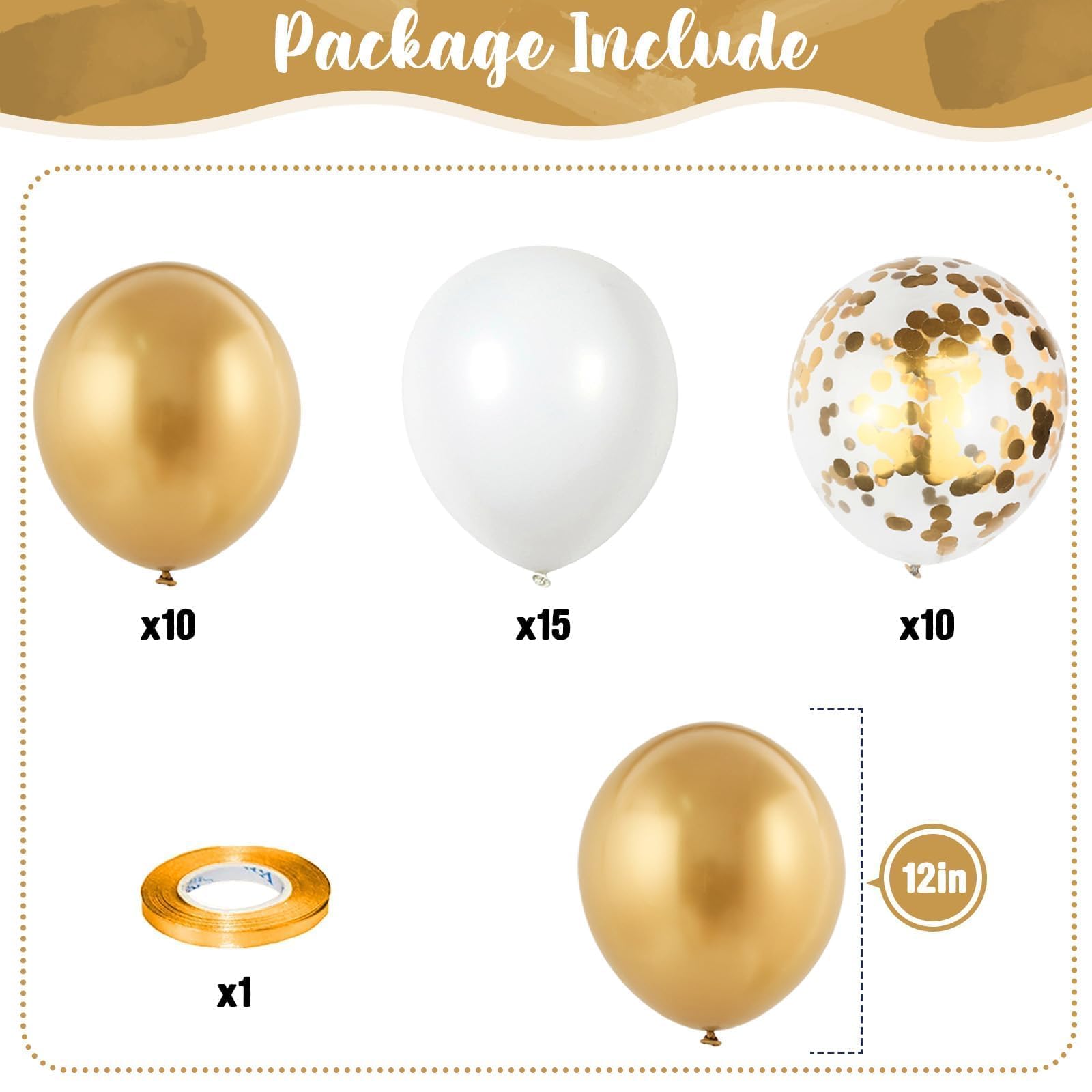 Isndare Metallic Gold Balloons Set, 35pcs 12 Inch White Gold Confetti Latex Balloons, Perfect for Birthday, Wedding, Engagement, Bridal Shower, Baby New Year, Unisex Adults