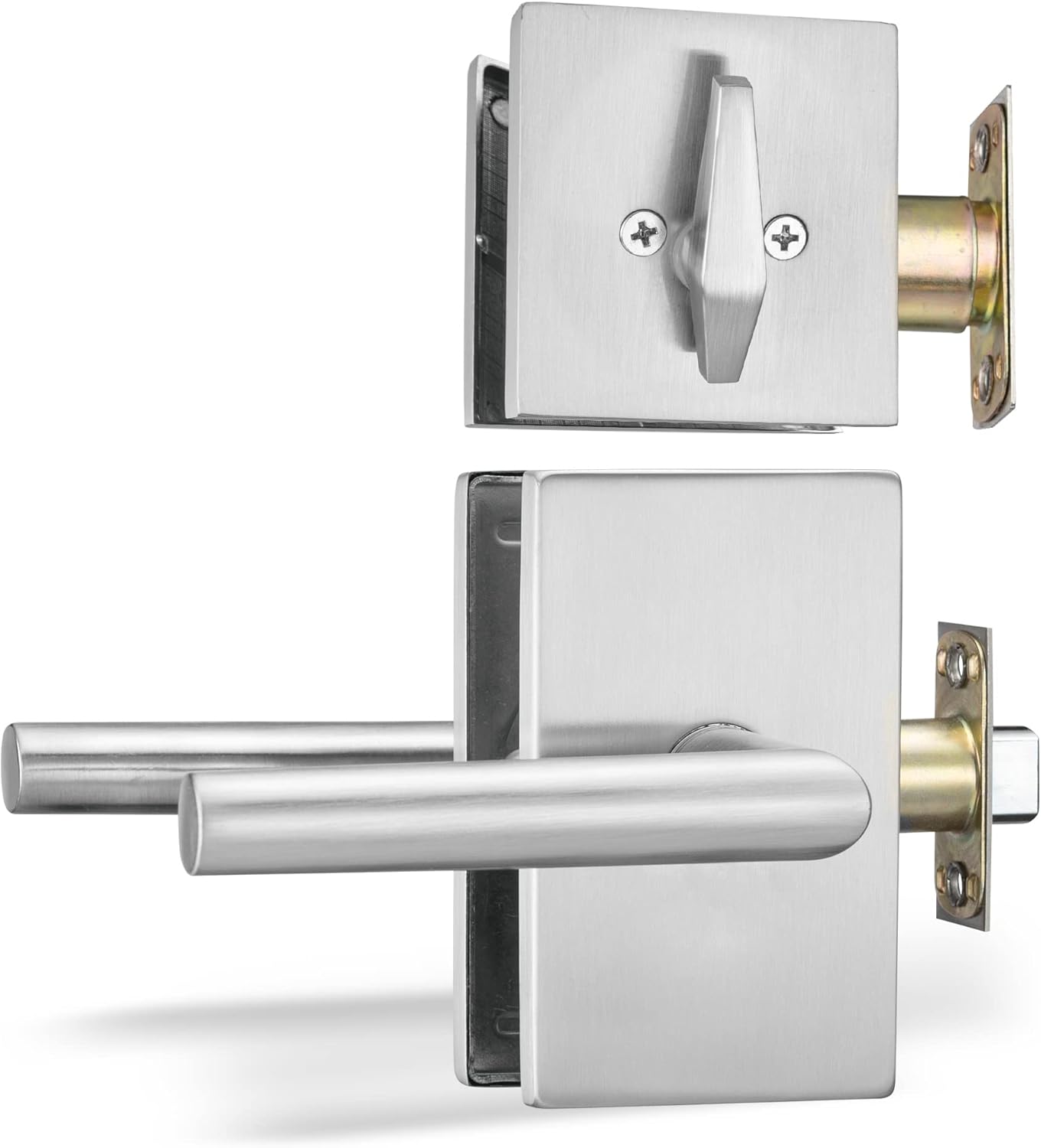 Berlin Modisch Passage Lever Door Handle and Single Cylinder Deadbolt Lock and Key Designer Series Lever Handle Set [Front Door or Office] Handleset Heavy Duty – Satin Nickel Finish