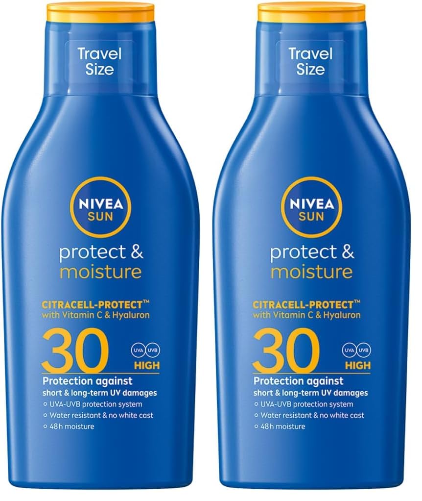 NIVEA SUN Schutz & Pflege Sonnenmilch LSF 30 Reisegröße (100 ml), Sonnencreme für 48h Feuchtigkeit, sofortiger Sonnenschutz mit hochwirksamem UVA/UVB-Filtersystem (Packung mit 2)