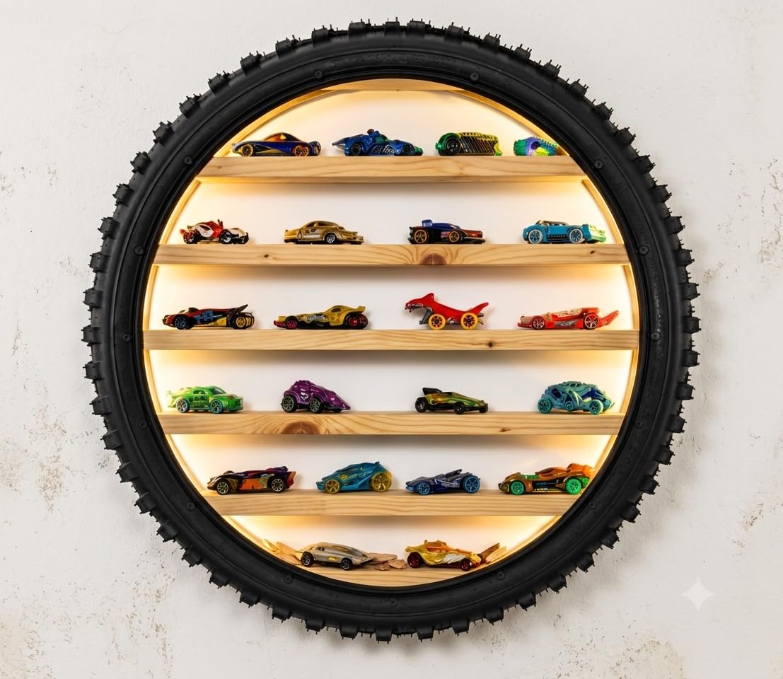 Wooden Wall Shelf Display Rack for 1:64 Scale Die-Cast Cars, Warm White | LED Light, Rugged Tyre Frame Storage Organizer, Hot Wheels Collection, Decorative Home & Room Decor, 24 x 4 Inch-image-29