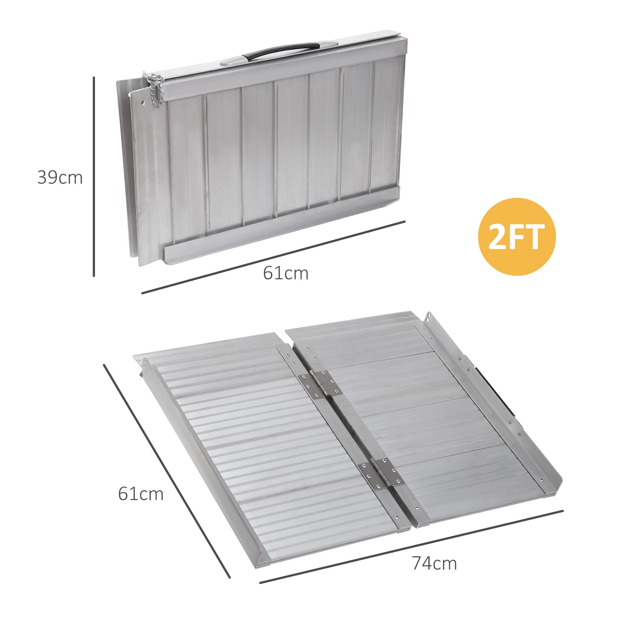 HOMCOM Rampa per Sedia a Rotelle Pieghevole con Bordi Esterni, Rampa per Disabili in Lega di Alluminio, 61x74x5 cm, Argento