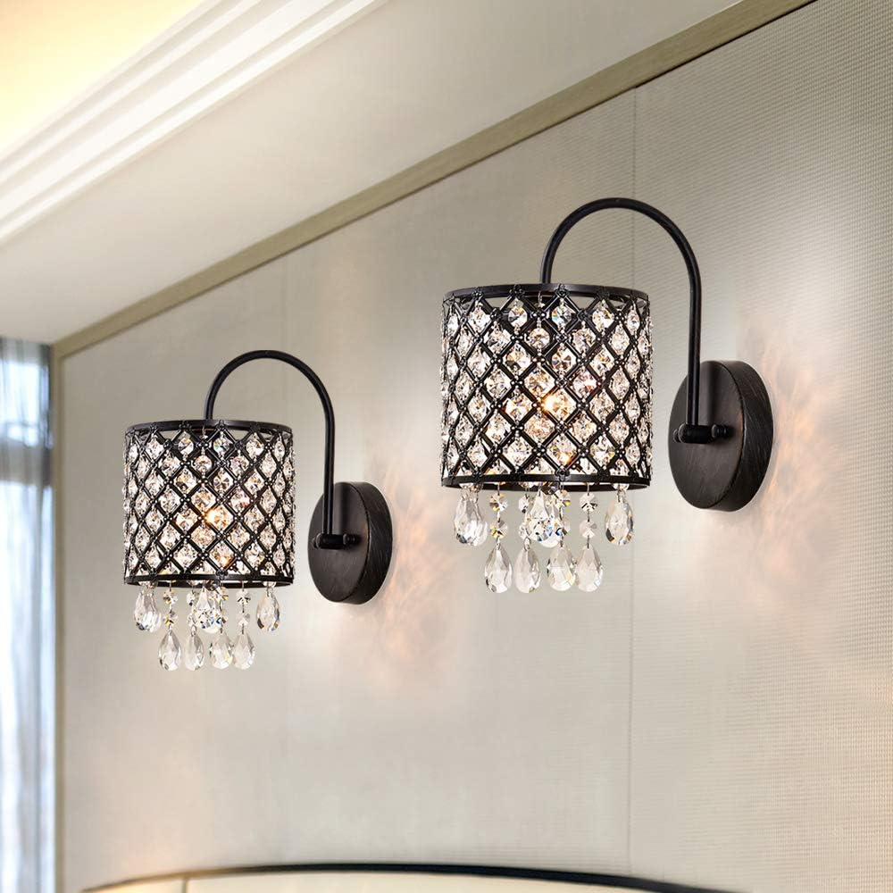 Maxax Crystal Wall Sconce, Modern Indoor Wall Lamp, Vanity Lighting Fixture with Lattice Drum Shade, ETL Listed, for Living Room, Bedroom, Hallway, Bathroom, Antique Black Finish, Set of 2