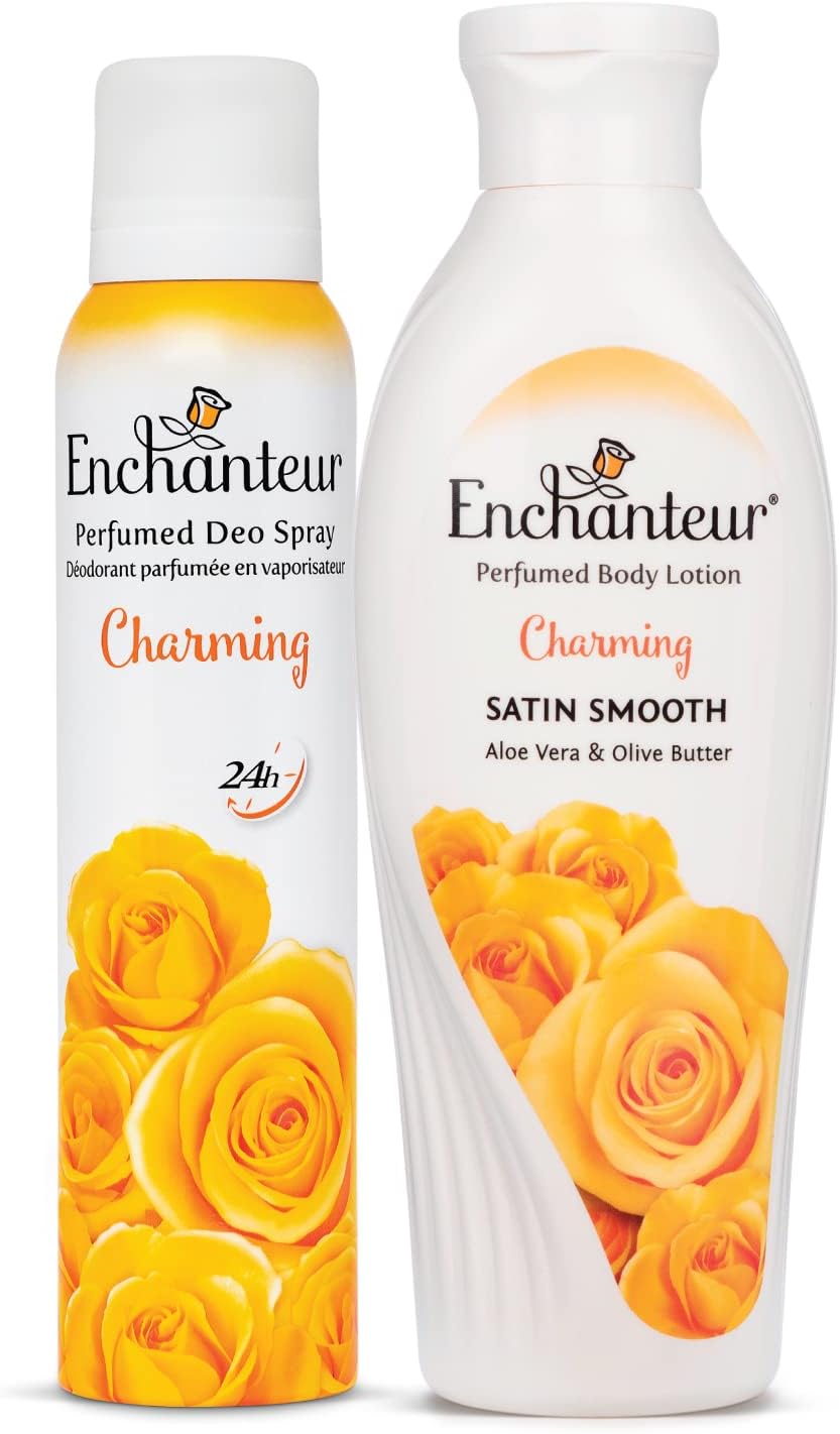 Charming Perfumed Deo Spray for Women, 150ml & Enchanteur Charming Perfumed Body Lotion, 250ml, with Aloe Vera & Olive Butter for Satin Smooth Skin