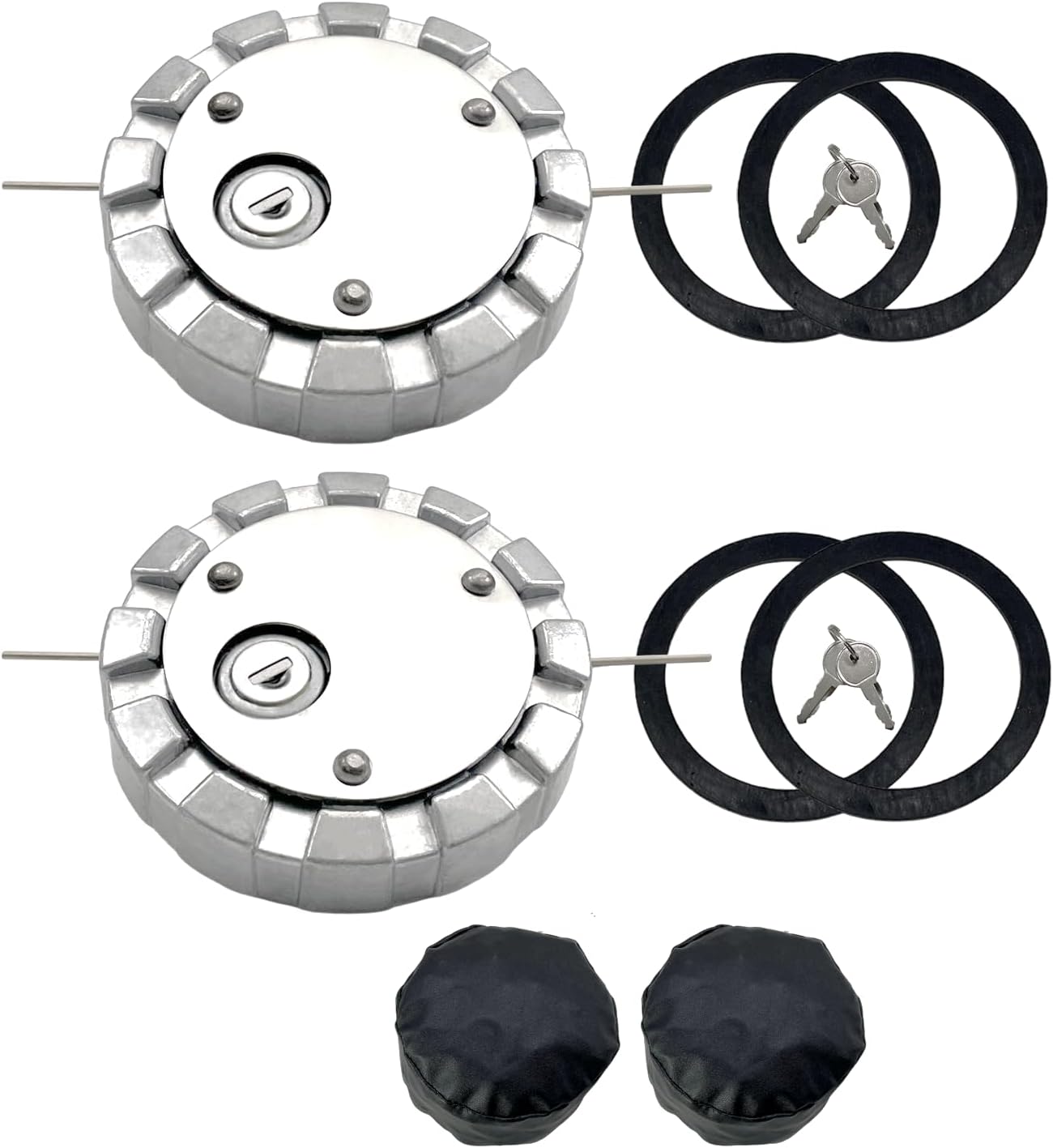 572.1036 Locking Diesel Fue/l Gas Tank Cap Cover 2PCS Set, for Kenworth Peterbilt Freightliner Semi Truck, 3 1/2 Course Female Thread, 5.5 TPI Non-vented, SNV431089，6 Gaskets, 2 Dust Covers
