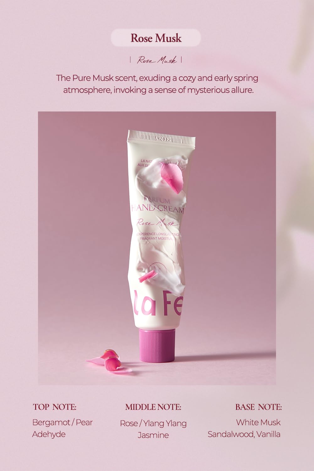 laferme Perfume Hand Cream 2.02 Fl. Oz. (Rose Musk) | Vegan & Travel-Sized Non Sticky Hand Lotion with Shea Butter | Hydrating & Nourishing for Dry Skin, Korean Skincare for Women & Men - Image 8