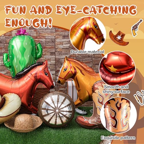 Image of VioraWhite 12 Pcs Western Balloons Foil Horse Racing Rodeo Horseshoe Cowboy Cowgirl Boots Hat Cactus Wagon Wheel Brown Balloons for Summer VBS First Rodeo Birthday Wild Western Horse Party Decorations