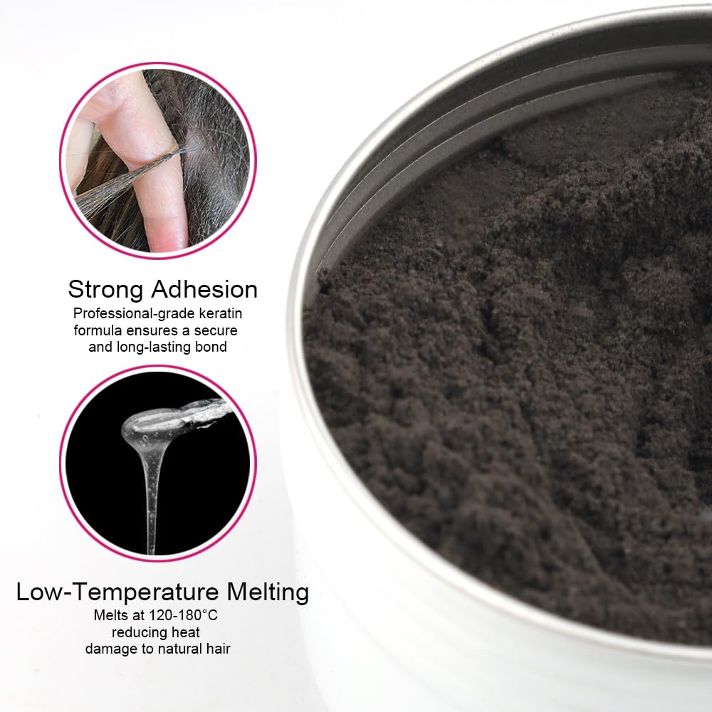 Hair Extension Glue Powder Italian Keratin Fusion Extension Powder for Pre-Bonded Extensions Hot Melting Keratin Bonding Powder for K/I/U/V Tip White Aluminum Can Invisible Extensions