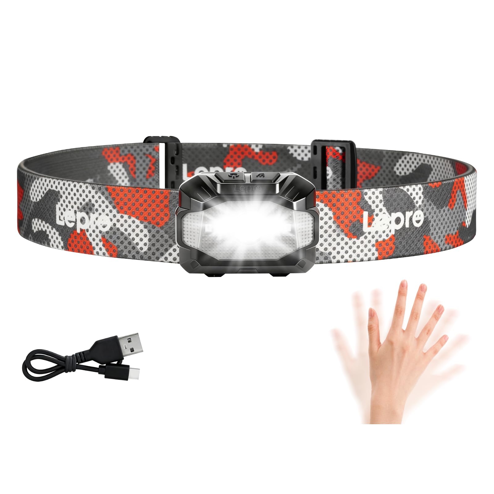 Lepro 5W Stirnlampe LED Wiederaufladbar, Dual Power Kopflampe mit Sensor | Stirnlampe mit USB-C und 3 AAA (Nicht Enthalten), 10 Lichtmodi & Rotlicht, IPX4 Wasserdicht Stirnlampen für Joggen & Camping