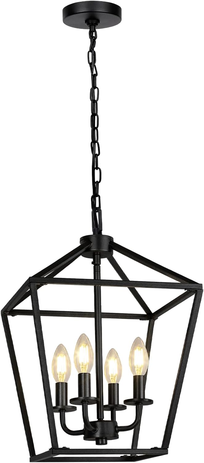4 Light Chandelier, Industrial Ceiling Light Black Lantern Light Fixtures with Farmhouse Metal Cage Adjustable Height Rustic Geometric Hanging Light E12 Base for Kitchen Island, Entryway, Indoor